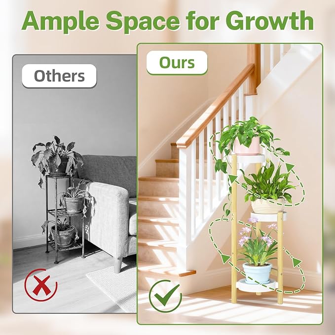 iDavosic.ly 3 Tier Bamboo Plant Stand Indoor Outdoor with Plastic Tray, Tiered Corner Flower Holder Shelf, Space Saving Orchid Display Rack for Patio Porch Living Room Garden Balcony, Natural White
