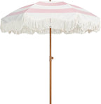 AMMSUN Boho Fringe Umbrella Outdoor Patio, 6.5ft UPF50+ Picnic Umbrella with Tassels with Steel Pole and Push Button Tilt, Pink Stripes