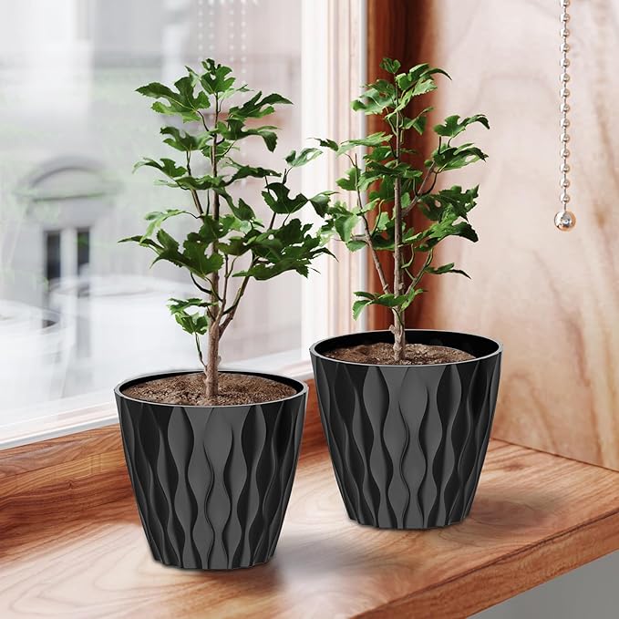 6 Pack 7 Inch Indoor Plant Pots with Drainage Holes, Outdoor Plastic Decorative Flower Pots, Garden Planters with Tray Saucers for Orchids, Violets, Succulents, Herbs, and Other Plants