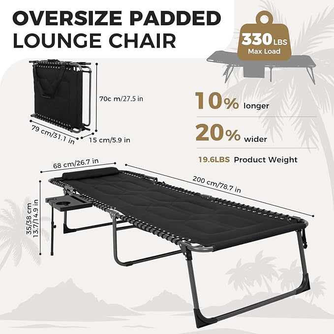 KingCamp Oversize Lounge Chair Outdoor, Extra Large Padded Folding 5 Positions Chaise Tanning Chairs with Pillow & Side Table for Outside Sunbathing Beach Patio Pool Camping (Black)