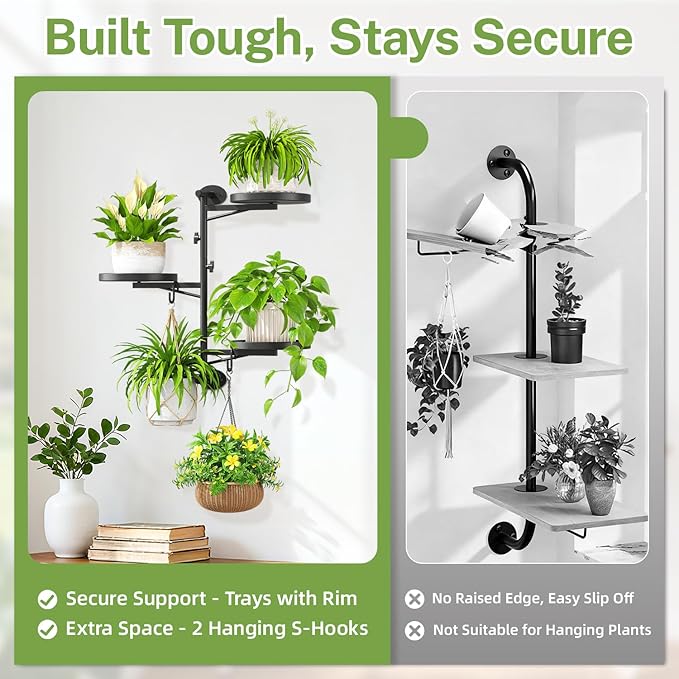 iDavosic.ly Rotating Window Plant Shelves, 3-Tier Metal Wall Stand with 2 Hooks, Flower Display Holder Rack for Living Room, Space Saving, Modern Black (Pots/Chains/Plants Not Included)