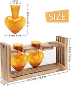 Terrarium Set with Amber Heart Glass Vases and Wood Stand, 3 Pieces