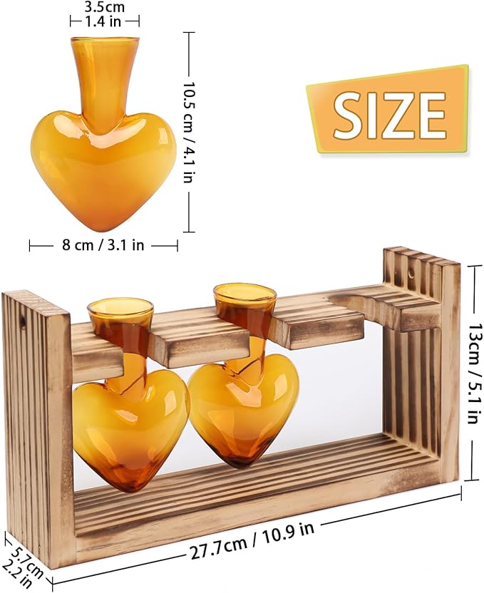 Terrarium Set with Amber Heart Glass Vases and Wood Stand, 3 Pieces