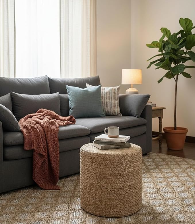 S & L Homes Pouf Ottoman - 100% Jute Braided Footrest Pouf Hand Knitted Traditional Cord Boho Pouffe for Living Room, Bedroom, Nursery, Patio, Lounge Colorblock - Natural Ivory (16”x16”x16”)