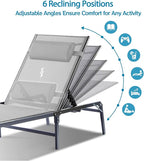 2 Pack Foldable Chaise Lounge Chair with Cup Holder, Assemble-Free Outdoor Lounge Chair with Detachable Pillow and 6 Adjustable Backrest, Patio Lounge Chair for Outside Poolside Beach Pool, Grey