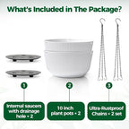 T4U 10 Inch Hanging Planters for Indoor Plants, 2 Pack White Self Watering Hanging Plant Pot, Hanging Pots Set with Drainage Hole & Plug & Chain with 3 Hooks for Garden Home Decor