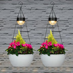 BAYN 2 Packs Solar Hanging Basket Planters for Plants Outdoor, Self Watering White Flower Plants Pots with Solar Light Drainer for Balcony Patio Garden Outdoor Decoration