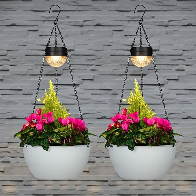 BAYN 2 Packs Solar Hanging Basket Planters for Plants Outdoor, Self Watering White Flower Plants Pots with Solar Light Drainer for Balcony Patio Garden Outdoor Decoration