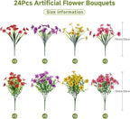 Alupssuc 24 Bundles Artificial Flowers for Outdoors Decoration, UV Resistant Silk Faux Daisy Flora Spring Fake Plastic Plants Greenery for Outside Indoor Yard Home Porch Window Box Decor, Mix 4 Colors