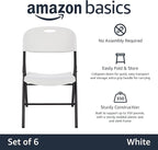 Amazon Basics Sturdy Foldable Plastic Chair, Portable, 350-Pound Capacity, White, 6-Pack