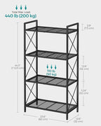 SONGMICS 4-Tier Metal Storage Rack, Shelving Unit with X Side Frames, Dense Mesh, 12.6 x 23.6 x 44.3 Inches, for Entryway, Kitchen, Living Room, Bathroom, Industrial Style, Ink Black UBSC164B01