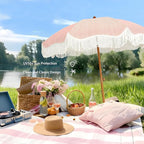 AMMSUN Boho Fringe Umbrella Outdoor Patio, 6.5ft UPF50+ Picnic Umbrella with Tassels with Steel Pole and Push Button Tilt, Pink Stripe