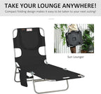 Outsunny Chaise Lounge Chair Outdoor with Face Arm Hole, 5-Position Reclining Face Down Tanning Chair with Carry Strap, Side Pocket, Portable Folding Bed Cot for Patio Beach Pool, Black