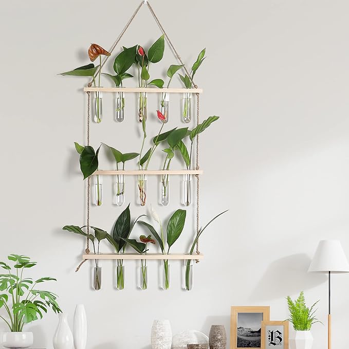 Terrarium Propagation Station with 16 Glass Test Tubes, Beige Wood Stand