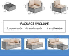 Shintenchi 7 Pieces Outdoor Patio Sectional Sofa Couch, Silver Gray PE Wicker Furniture Conversation Sets with Washable Cushions & Glass Coffee Table for Garden, Poolside, Backyard (Khaki)