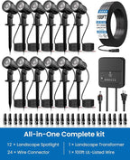 ZZXX All-in-One Low Voltage Landscape Lighting Kit, 12-Pack LED Landscape Lights with Transformer 100FT Wire and Connectors, 2700K Waterproof Landscape Spot Lights for Garden Yard House Tree