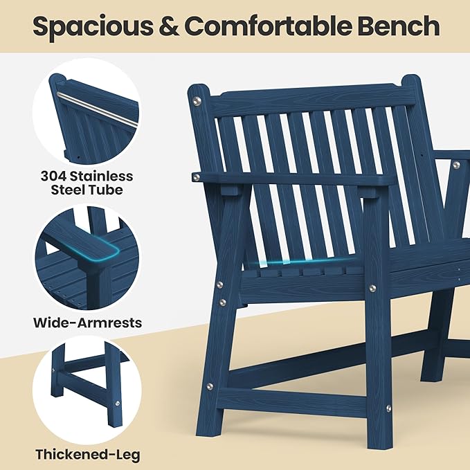 Ciokea 48" Outdoor Bench Set of 2, HDPE Weatherproof Garden Bench, 2-Person Memorial Benches with 550 Lbs, Waterproof Patio Porch Benches for Outside Business Deck Office Backyard Balcony, Navy Blue