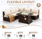 NICESOUL 6 Piece Patio Furniture Set with Firepit, 29.3'' High-Back Outdoor Sectional with Fireplace Natural Gas Propane Convertible, Comfy Deep Wide Seating Conversations for Outside, Brown