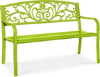 Best Choice Products Outdoor Bench Steel Garden Patio Porch Furniture for Lawn, Park, Deck w/Floral Design Backrest, Slatted Seat - Lime Green