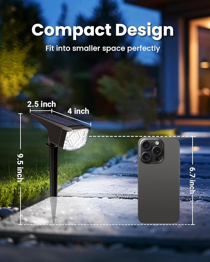 Solar Spot Lights Outdoor, Solar Lights Outdoor Waterproof IP65, Compact Design, Landscape Spotlights for Garden Tree Yard House Pathway Decorations, 4 Pack, Cool White