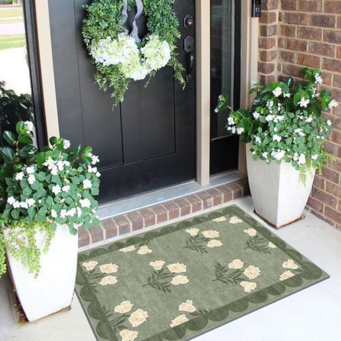 Outdoor Rugs Floral Door Mat in Sage Green, 2 x 3 Feet, Non-Slip