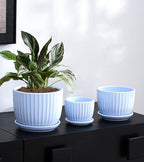 Ton Sin Sky Blue Ceramic Flower Pots, 4"+5"+6" Inch Small Succulent Planters with Drainage Hole,Modern Indoor Decorative Plant Pots Set of 3,Garden Pots with Saucer(Blue)