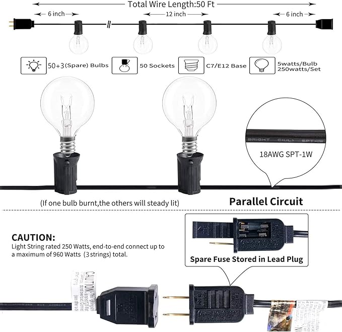 String Lights, 50ft Black G40 Globe Bulbs, Connectable