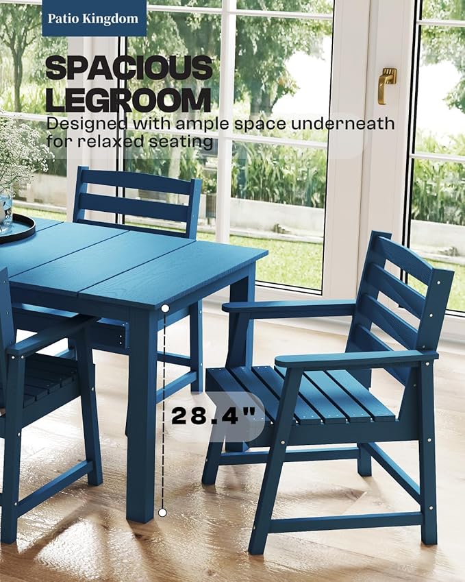 5-Piece Blue Outdoor Dining Set with White 15FT Large Patio Umbrella, 75.2'' HDPE Table & Chairs for 8, Weather-Resistant Furniture with Umbrella Hole for Patio, Lawn, Poolside