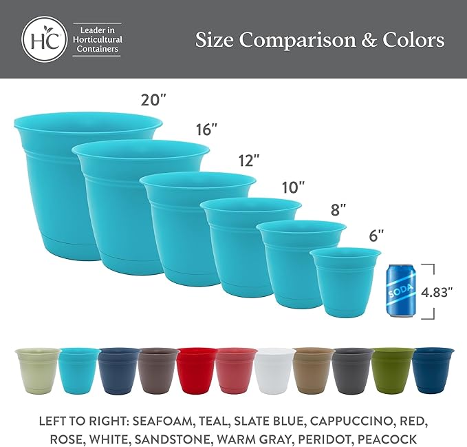 The HC Companies 20 Inch Eclipse Round Planter Pots with Drainage Holes & Attached Saucer, Lightweight UV-Resistant Plastic Indoor & Outdoor Planters, 2-Pack Flower Pots, Garden Home Decor, Cappuccino
