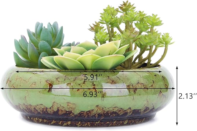 VanEnjoy 7.3 inch Round Large Shallow Succulent Ceramic Glazed Planter Pots with Drainage Hole, Bonsai Pots Garden Decorative Cactus Stand Flower Container (Green)