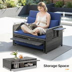 VINGLI Patio Daybed, Wicker Outdoor Daybed with Storage Ottoman & 5-Level Adjustable Backrest, All-Weather Rattan Cushioned Patio Loveseat Sofa for Garden Balcony Backyard (Navy, Gray)