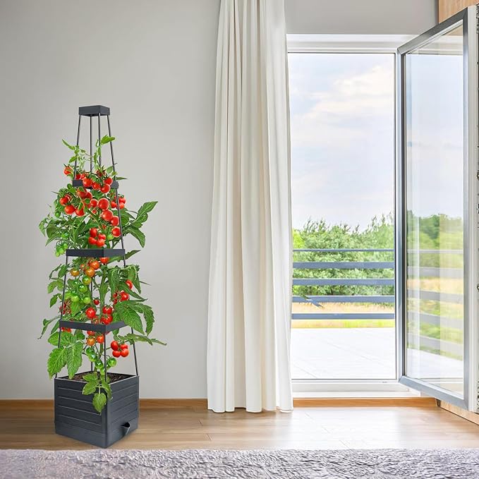 Raised Garden Bed Tomato Planter with Trellis, 58" Tomato Cage for Climbing Vegetables Plant, Self Watering Pots for Indoor Plants Garden Pots Patio Greenhouse Indoor Outdoor
