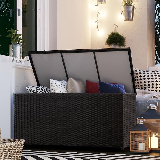 Deck Box 70 Gallon Black Wicker Storage Container with Waterproof Liner