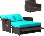HAPPYGRILL Patio Rattan Wicker Daybed with Loveseat & Storage Ottoman, Outdoor Lounge Sofa Furniture Set with Adjustable Backrest & Side Trays, for Poolside Deck Porch Lawn (Mix Brown & Turquoise)