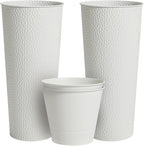 Worth 2 Pack 28" Tall Narrow Metal Planter with Inside Pot for Indoors or Outdoors, Deck, Patio or Front Porch, Hand-Hammered Texture, White