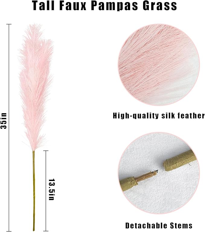 Artificial Pampas Grass Stems, 8 Pack, 35 Inch Pink Silk Plumes