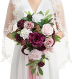 Artificial Flowers Bridal Bouquet, Marsala and Blush Silk Roses, 13 in Wide