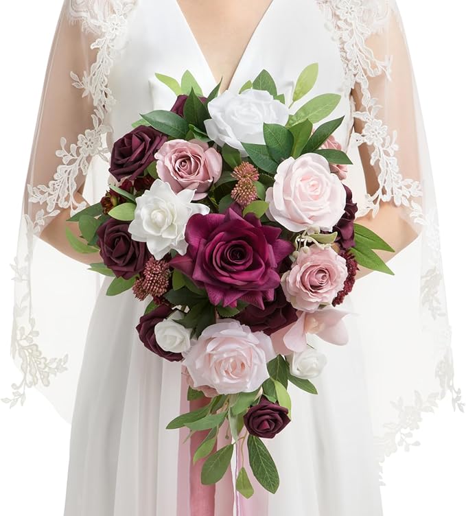 Artificial Flowers Bridal Bouquet, Marsala and Blush Silk Roses, 13 in Wide