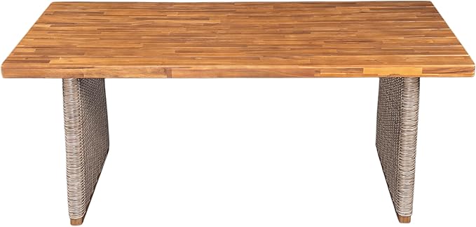 Christopher Knight Home Pasco Acacia Wood Outdoor Dining Table Set for 6, Wicker Patio Dining Set with Acacia Wood Table and Bench, Patio Table and Chair Set with Cushion+Rope Back, Black+Teak+Brown
