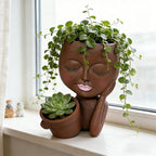 Face Double Plant Pot - Cute Succulent Head Planters Indoor Outdoor Decor, Resin Flower Pots with Drainage Hole, Unique Ideal Present, Gifts for Women/Mother