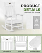 Oversized Outdoor Rocking Chair, High Back Patio Rocking Chair, HDPE All Weather Resistant Rocking Chairs for Patio,380lbs Weight Capacity, White