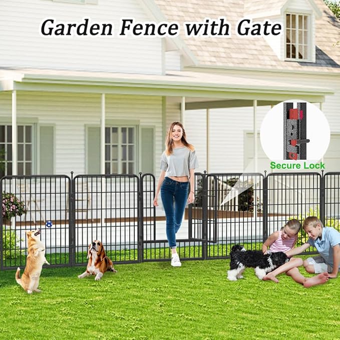 Decorative Garden Fence with Gate, 46 Ft Metal Fencing in Silver & Black