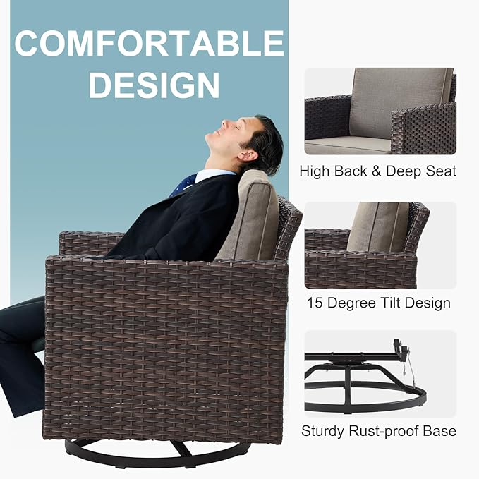 Belord 6-Piece Outdoor Sectional Furniture Set with 41” Fire Pit Table, 5-Seater Patio Furniture Set with Swivel Glider Chairs & Storage Box, 50000 BTU Propane Fire Pit Table, All-Weather PE Wicker
