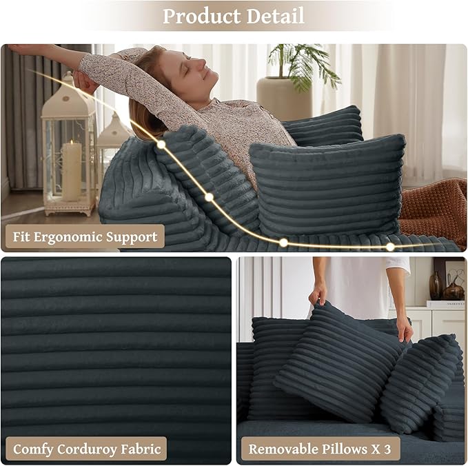 66" Chaise Lounge Chair Indoor, Oversized Boneless Couch Comfy Upholstered Sleeper Sofa Bed with 3 Pillows, Corduroy Cloud Reading Chair for Living Room No Assembly Required, Dark Grey