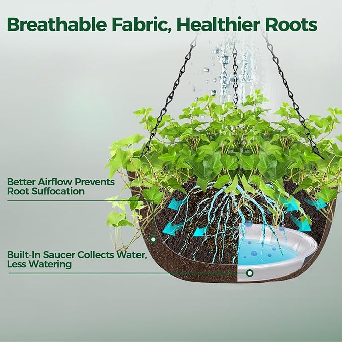 T4U Hanging Planters for Outdoor Plants, 12 Inch 4 Pack Fabric Hanging Baskets with Drainage Tray, Decorative Hanging Pots for Plants Outdoor Patio Porch Garden Use（Brown）