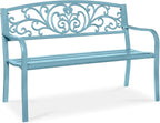 Best Choice Products Outdoor Bench Steel Garden Patio Porch Furniture for Lawn, Park, Deck w/Floral Design Backrest, Slatted Seat - Sky Blue