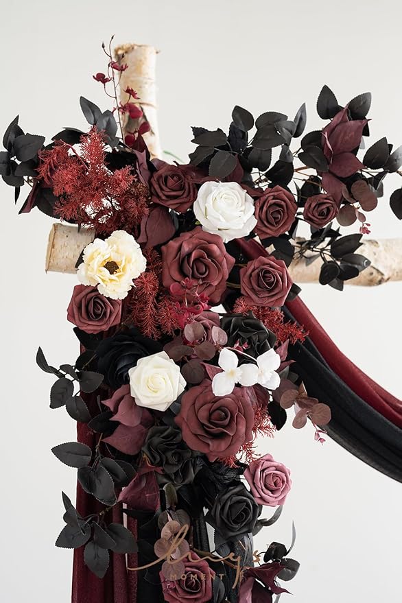 Artificial Flower Wedding Arch Decor Kit, Black and Burgundy, 4 Pieces