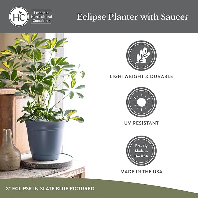 The HC Companies 16 Inch Eclipse Round Planter Pots with Drainage Holes & Attached Saucer, Lightweight UV-Resistant Plastic Indoor & Outdoor Planters, 2-Pack Flower Pots for Garden & Home Decor, White