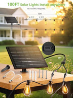 luckystyle 100FT Solar String Lights Outdoor Waterproof 2200K with Remote & USB Charging, 36+2 LED Shatterproof Bulbs, Dimmable & Timable, 3 Light Modes, Long Last for Garden,Patio, Backyard, Camping