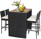 Tangkula 5 Piece Patio Wicker Bar Set, Patiojoy Outdoor Acacia Wood Bar Height Table & 4 Rattan Bar Stool Chairs with Backrest and Footrest, Outdoor Dining Bistro Set